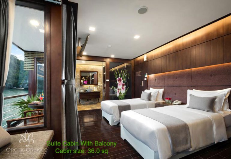 Premium-Suite-Kabine mit Balkon- Orchideen-Kreuzfahrten in der Halong-Bucht- Lan Ha Bay Luxus-Halong-Kreuzfahrten